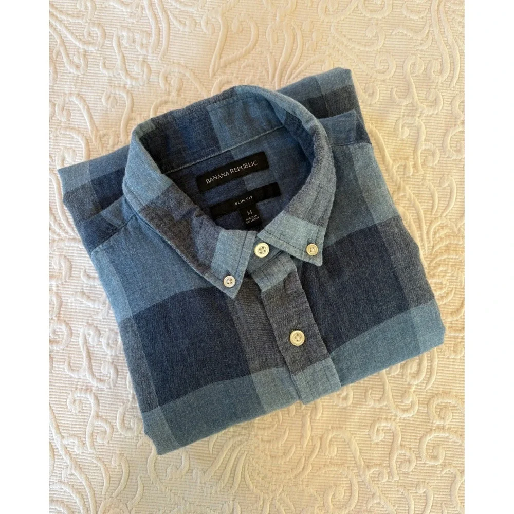 Banana Republic Mens Slim Fit, Medium, Blue Plaid Woven‎ Button Down Shirt